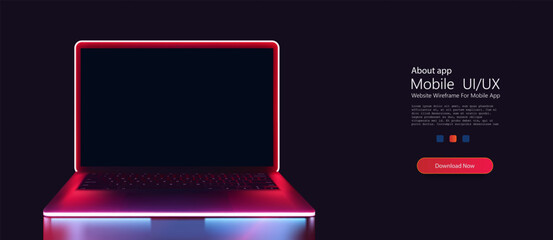 Neon Glow Laptop Concept on Dark Background. Sleek laptop with a glowing neon outline and underglow, set against a dark backdrop, depicting modern technology. Vectro illustration © ZinetroN