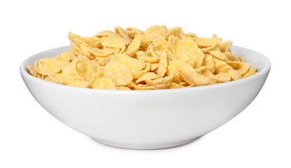 Breakfast cereal. Tasty corn flakes in bowl isolated on white