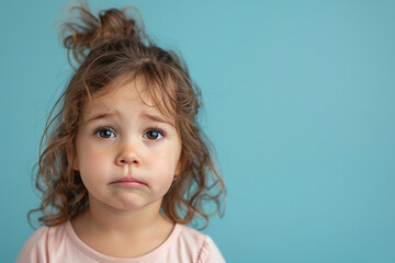 Portrait of sad offended crying little girl child on flat blue color background with copy space, banner template. A sad child makes a grimace