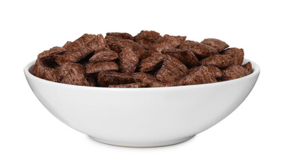 Chocolate cereal pads in bowl isolated on white