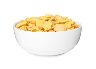 Breakfast cereal. Tasty corn flakes in bowl isolated on white