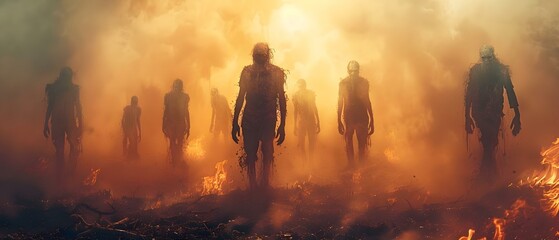 Apocalyptic March of the Undead. Concept Zombie Apocalypse, Survival Strategies, End of the World, Undead Outbreak, Post-Apocalyptic Society - obrazy, fototapety, plakaty