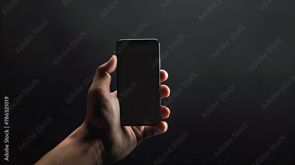 Poster hand holding a modern smartphone on a dark backdrop. communication technology in use. ideal for tech