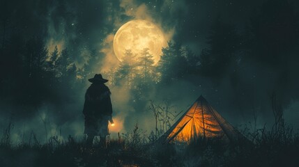 Mysterious night scene with a man standing by a glowing tent under a full moon in a foggy forest