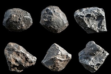 Set of asteroids isolated on black background