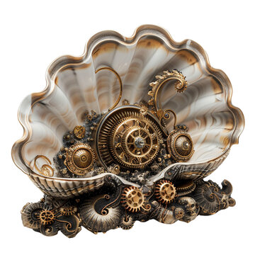 giant clam with shells of burnished brass, each valve adorned with ornate clockwork mechanisms. This steampunk mollusk opens and closes with mechanical precision