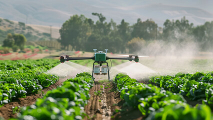 Drone spraying water over a vegetable farm field in the morning light.