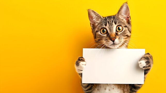 Adorable tabby cat holding a blank sign on a vibrant yellow background, ready for your message. Perfect for fun announcements or advertisements. AI