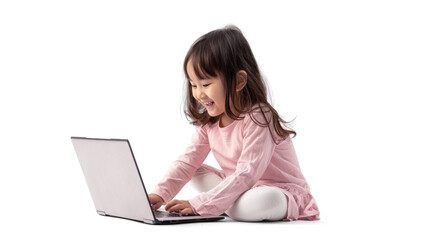 Young Girl with Laptop on Transparent Background