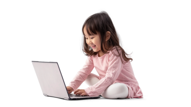 Young Girl with Laptop on Transparent Background