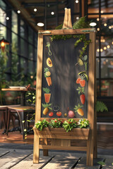 An inviting restaurant chalkboard stands adorned with colorful illustrations of fresh vegetables and fruits, signaling healthy meal options.
