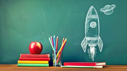 Colorful school supplies on a desk against a chalkboard with a rocket drawing. Education concept, back to school, creative learning space. AI