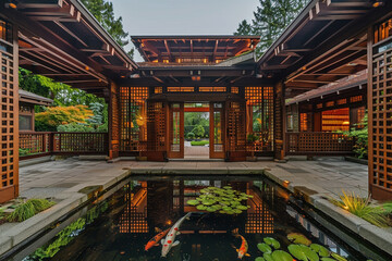 Fototapeta premium A Craftsman villa with an atrium-like entrance, intricate wooden lattice work, and a serene koi pond, reflecting a fusion of Eastern and Western architectural elements.