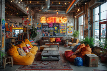 Creative startup space incubator. lounge area with graffiti walls, neon signage and comfortable...