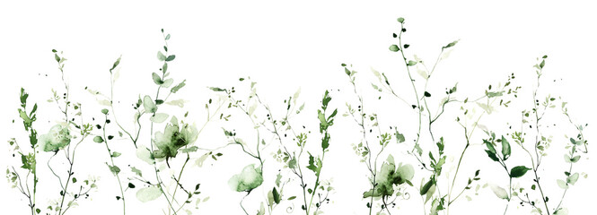 Watercolor painted growing meadow greenery frame on white background. Green wild plants, branches, leaves and twigs.