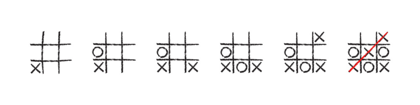 Tic tac toe strategy. Tic tac toe hand drawn.