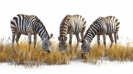 Three zebras are grazing in a field of tall grass