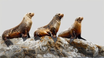 Fototapeta premium Three seals are sitting on a rock