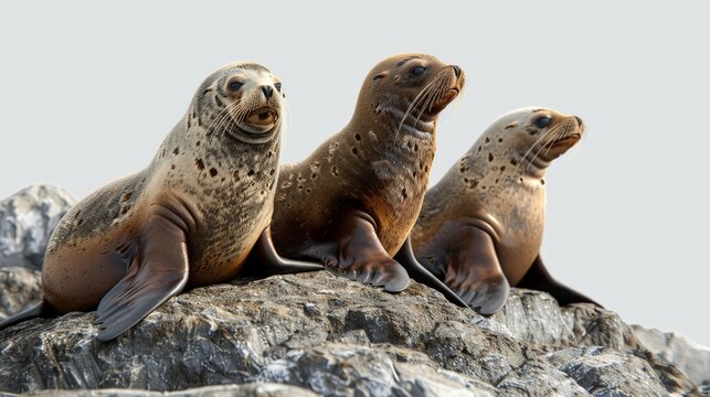 Three seals are sitting on a rock