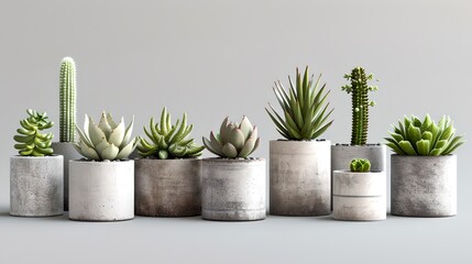 Assorted Succulents in Concrete Pots on Gray Backdrop. Home Decor and Minimalism. Perfect for Modern Interiors. Simple Yet Elegant Design. AI - obrazy, fototapety, plakaty