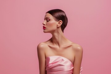 Closeup portrait of stunning woman in elegant pink dress on matching background, captured in studio shot