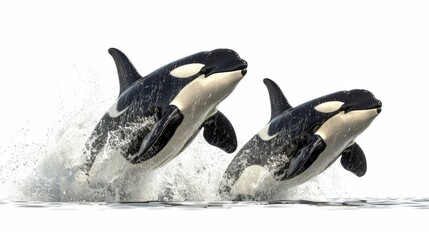 Two orcas are leaping out of the water - obrazy, fototapety, plakaty