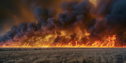 Massive wildfire consuming grassland under smoky sky.
