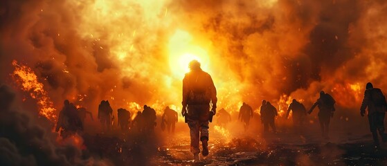 Apocalyptic Horde Approaching in Fiery Desolation. Concept Apocalyptic, Horde, Fiery, Desolation, Approaching - obrazy, fototapety, plakaty