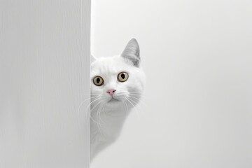 Curious white cat peeking out from behind a wall and making eye contact with the camera