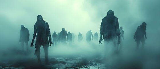 Silent Horde: The Approach of Minimalist Zombies. Concept Horror, Minimalism, Zombies, Silent, Apocalyptic - obrazy, fototapety, plakaty