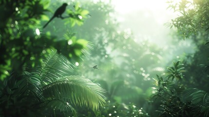 Fototapeta na wymiar A lush green jungle with a bird flying through the trees