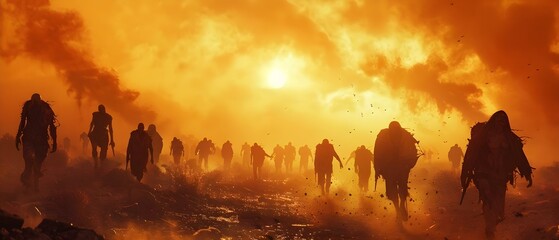 Fototapeta premium Apocalypse Dawn: The Zombie Horde Advances. Concept Zombie Apocalypse, Survival Strategies, Post-Apocalyptic World, Undead Threats, Dystopian Realities