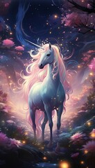 Obraz na płótnie Canvas Bring to life a whimsical unicorn prancing through a field of luminescent mushrooms, under a starlit sky with a pastel-colored galaxy in a dreamy digital rendering