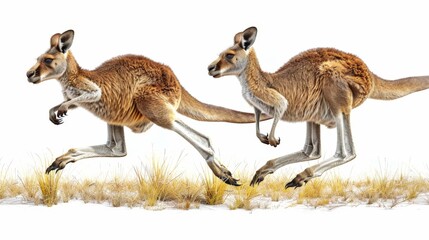 Two kangaroos running in the grass - obrazy, fototapety, plakaty