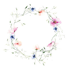 Watercolor floral garland frame on white background. Pink, orange, blue wild flowers, branches, leaves and twigs.
