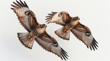 Two birds flying in the sky with one of them having a yellow beak