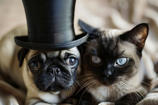 Pug puppy and cat wearing a top hat
