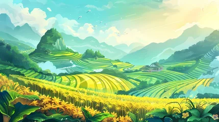 Tuinposter Yellow and green traditional terraced fields illustration poster background © jinzhen