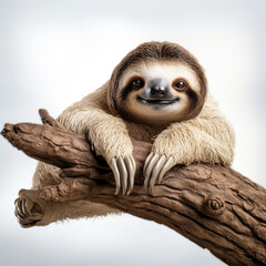 Fototapeta premium lovable three toe sloth laying on branch in neutral syle with white background сreated with Generative Ai
