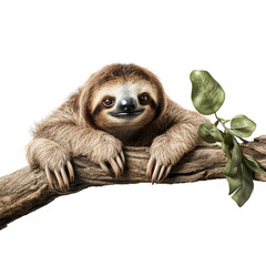 Fototapeta premium lovable three toe sloth laying on branch in neutral syle with white background сreated with Generative Ai