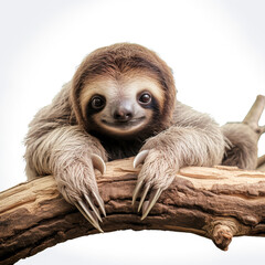 lovable three toe sloth laying on branch in neutral syle with white background сreated with Generative Ai