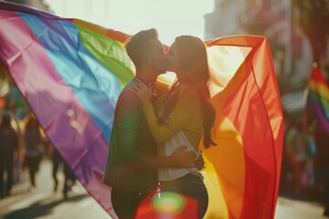 Celebrating love and unity A couple kissing with a rainbow flag in front of cheering crowd