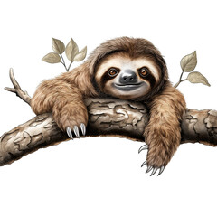 Fototapeta premium lovable three toe sloth laying on branch in neutral syle with white background сreated with Generative Ai