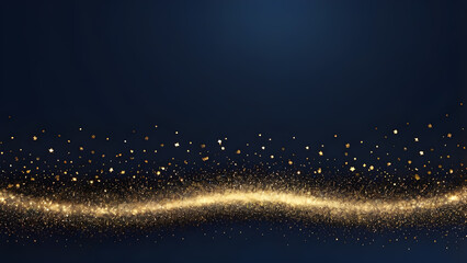 Gold glittering particles on dark blue background. 3D rendering.