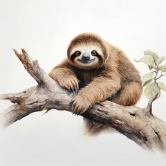 Obraz premium lovable three toe sloth laying on branch in neutral syle with white background сreated with Generative Ai