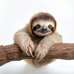 Fototapeta premium lovable three toe sloth laying on branch in neutral syle with white background сreated with Generative Ai