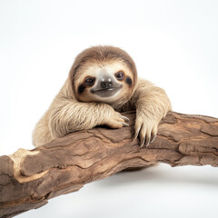 Fototapeta premium lovable three toe sloth laying on branch in neutral syle with white background сreated with Generative Ai