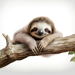 lovable three toe sloth laying on branch in neutral syle with white background сreated with Generative Ai