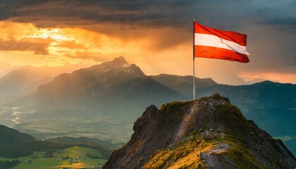 The Flag of Austria On The Mountain. - obrazy, fototapety, plakaty