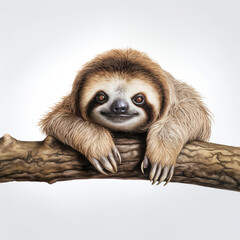 Obraz premium lovable three toe sloth laying on branch in neutral syle with white background сreated with Generative Ai
